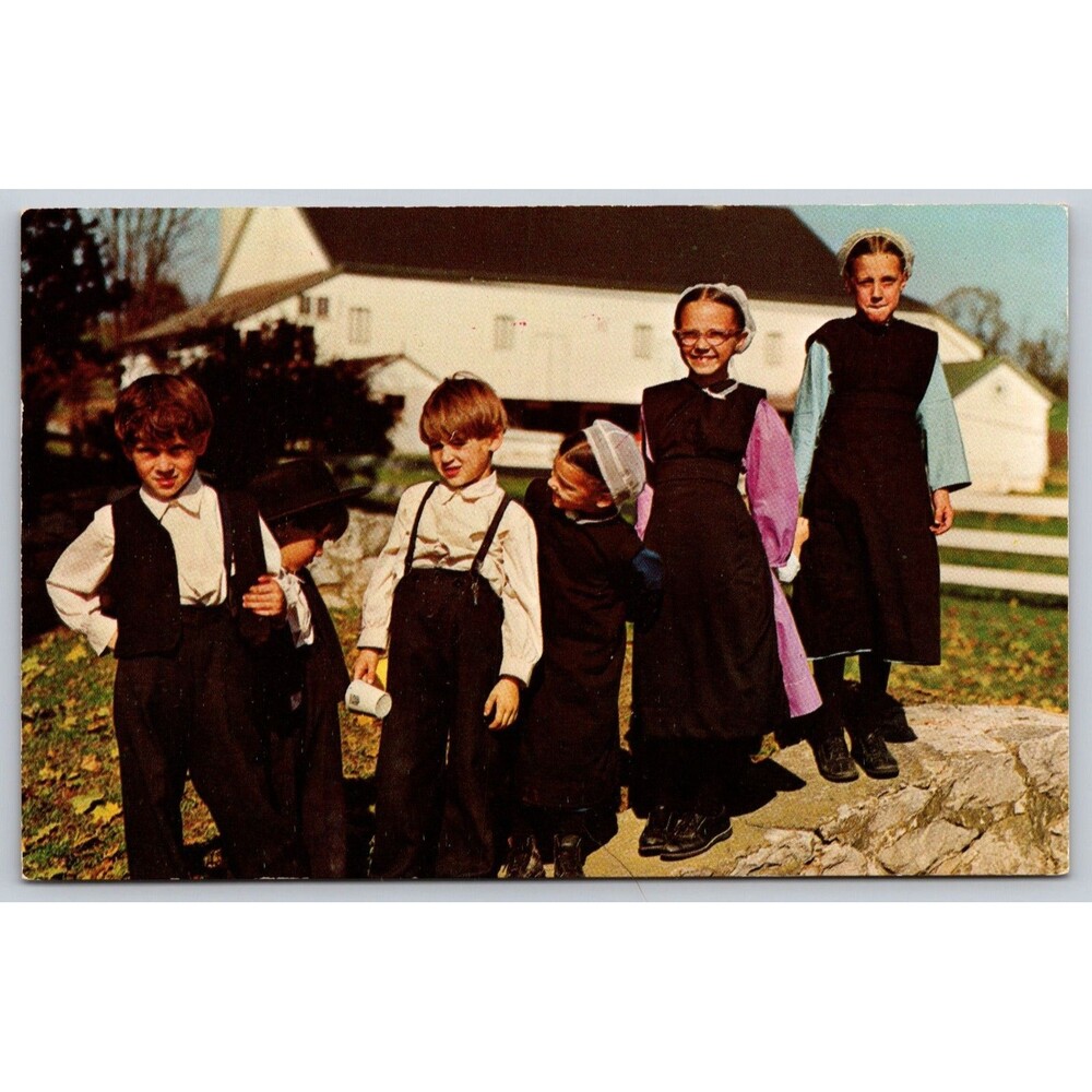 Postcard Vintage Frolicking Amish Children Heart of Amishland Lancaster 1969 PA